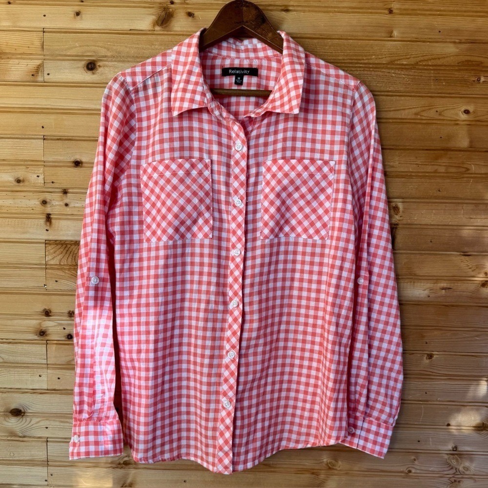 Relativity Gingham Long Sleeved Button Down Orange Checkered Medium Southern